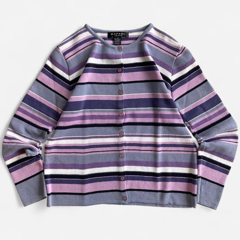 Vintage Rafael Sport Purple Striped Button Front Long Sleeve Cardigan